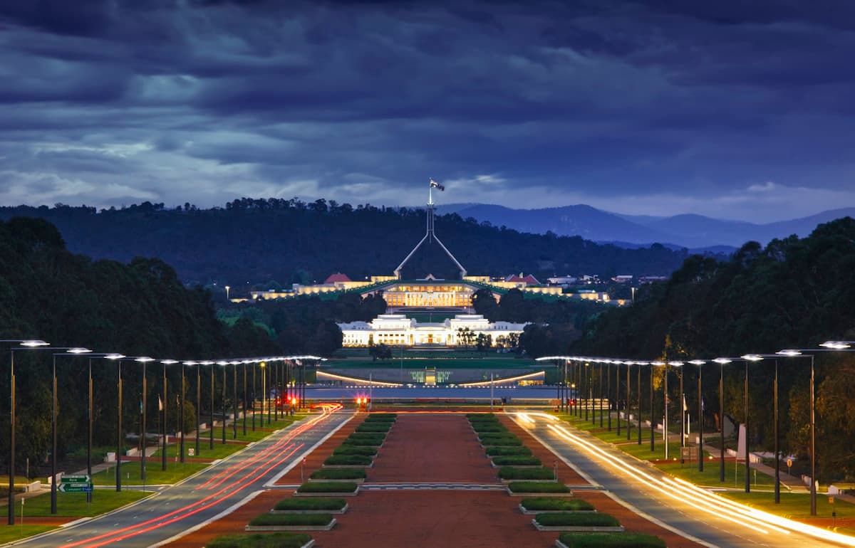 Parliament House, Canberra, glowing at dusk